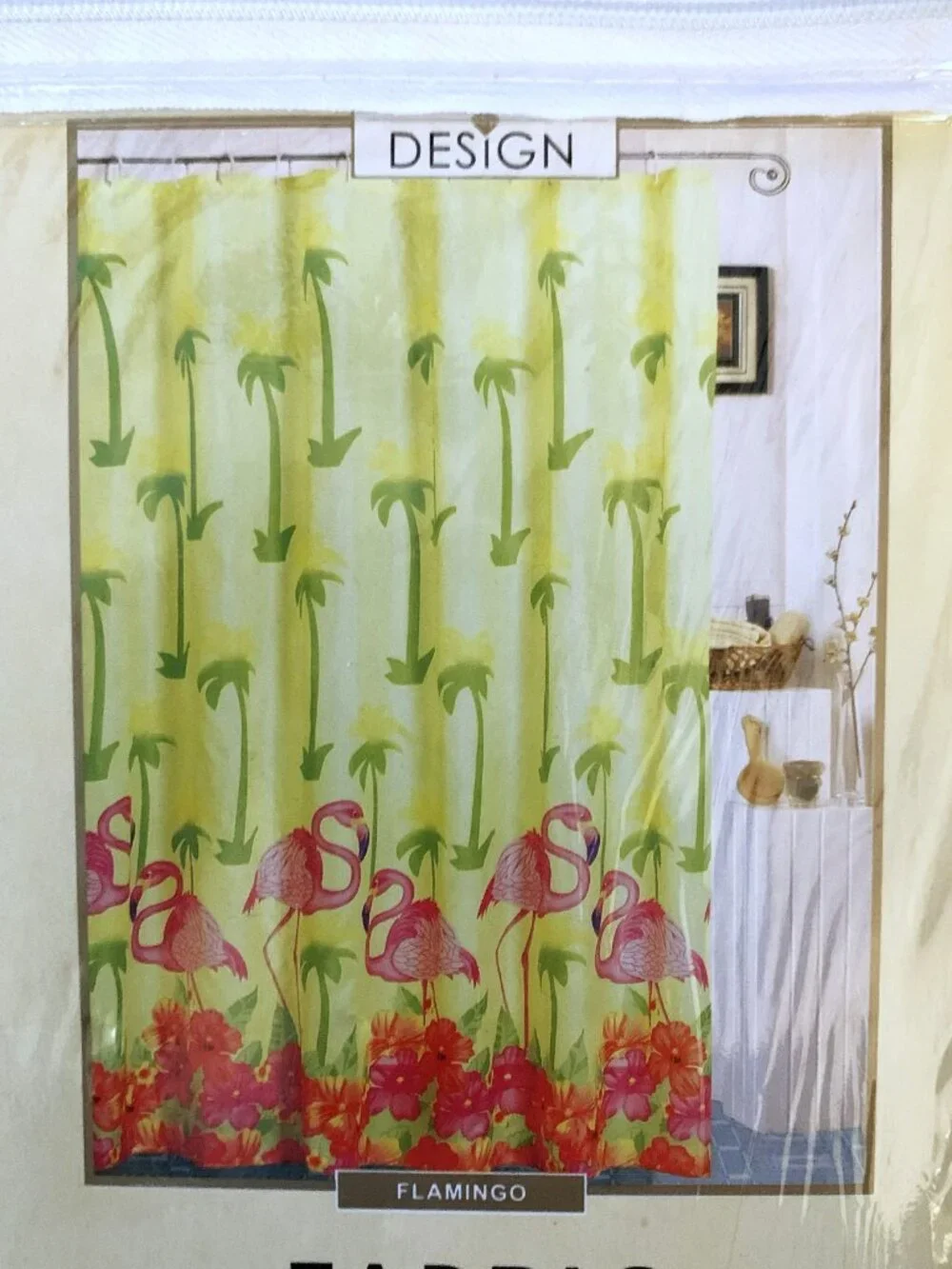 NEW Tropical Flamingo & Hibiscus Fabric Shower Curtain & Flamingo Art Card